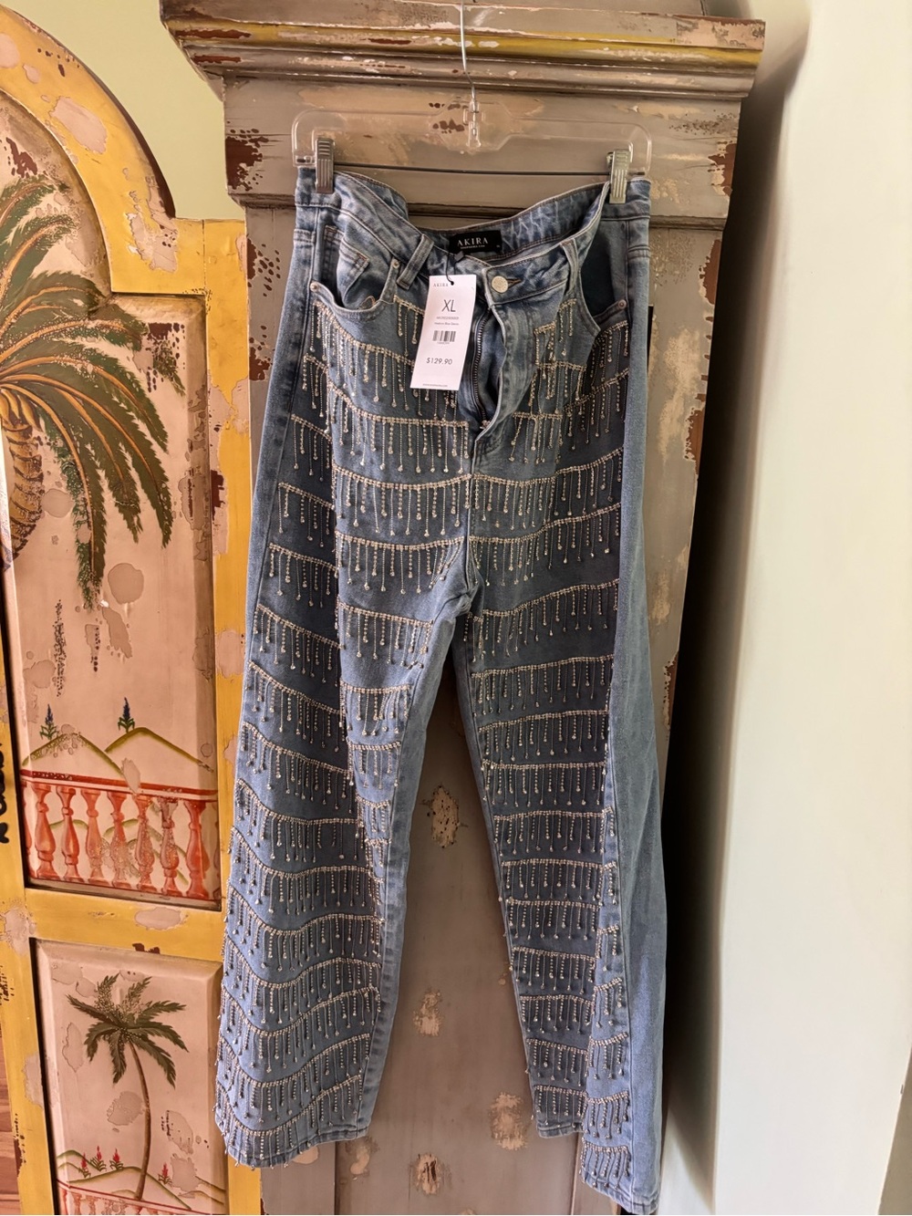 AKIRA Light Blue Beaded Straight-Leg Jeans